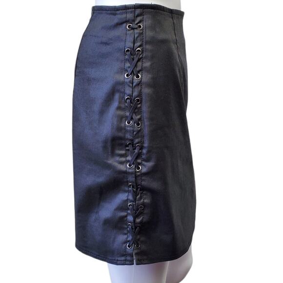 French Connection Skirt Coated Denim Lace Up Party Date Night Sexy Holiday Goth - Picture 1 of 13